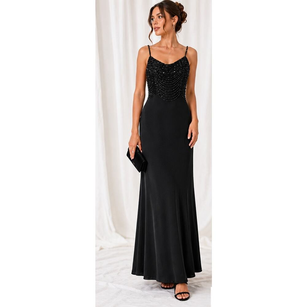 VTG Cache Black Beaded Maxi Dress Sz 8 Old Hollywood Goth Glam Y2K